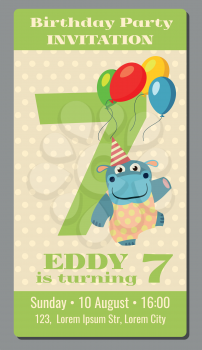 Birthday anniversary party invitation pass ticket with cute hippo vector template 7 years old. Card with happy animal and air balloons illustration