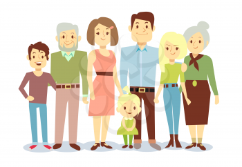 Happy family portrait, vector flat characters. Grandfather and grandmother, mom and dad, kids. Big family illustration