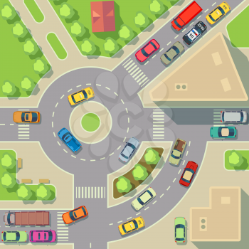 City map with top view cars and houses. Street with active traffic transport, vector illustration
