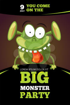 Monster party vector illustration. Monster with tongue and teeth, template of poster for party with monster