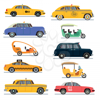 World famous taxi cars. Set of different taxi vehicles vector illustration