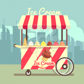 Vector gelato ice cream cart. Food dessert ice cream and summer cart with ice cream in waffle cone illustration
