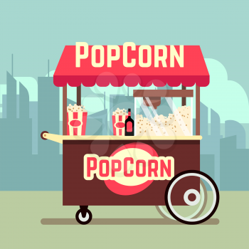 Street food vending cart with popcorn machine. Vector mobile kiosk with pop corn, illustration trolley for sale of popcorn