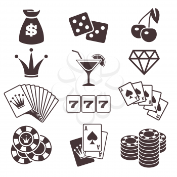 Gambling, and poker card game, casino luck vector icons set. Play in dice and blackjack illustration