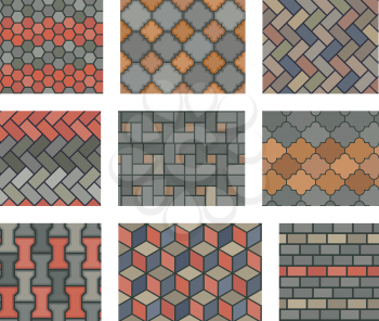 Seamless stone tiles pavement vector set. landscape design elements. Pattern stone pavement and illustration tiles stone wall