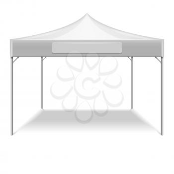Realistic white folding tent for outdoor party in garden. Vector mockup tent for protection from sun. Illustration tent isolated on white background