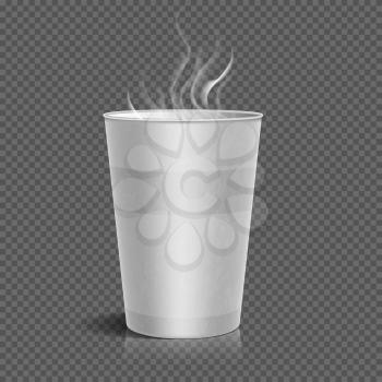 Disposable takeaway paper coffee cup with steam isolated on checkered background. Vector illustration