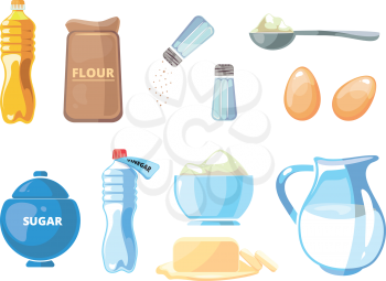Cartoon food baking and cooking vector ingredients. Cooking ingredient sugar and flour, illustration cooking with milk and egg