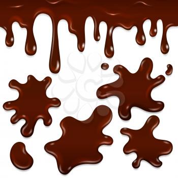 Chocolate realistic drops and blots. Vector illustration of sticky milk chocolate droplets
