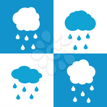 Flat cloud icons with drops on white and blue background. Rain weather with cloud, vector illustration
