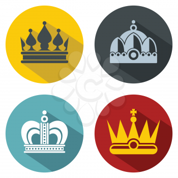 Flat crown icons with long shadow on color background. Set of royal crowns. Vector illustration