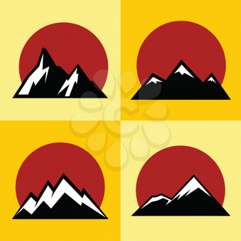 Mountain flat icons with red sun on yellow background. Tourism and mountaineering logo, vector illustration