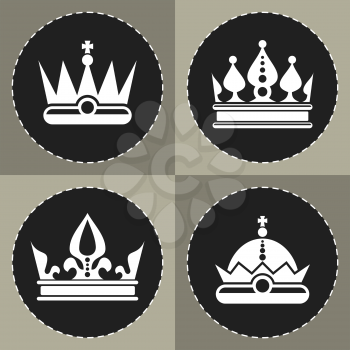 White crown icons on black background for chess. Queen crown and king accessory. Vector illustration