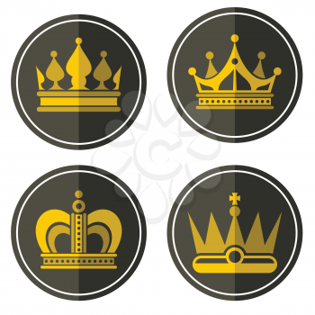 Yellow crown icons on color background. Labels of golden crowns in circle. Vector illustration