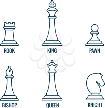Chess pieces in thin line vector icons, king and queen, bishop and rook, knight and pawn. Set of figure for chess and illustration of chess pieces