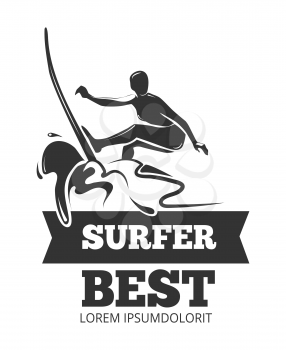 Surfing logo with surfer over the board. Symbol extreme in sea water, vector illustration