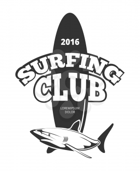Surfing club logo with board and shark. Emblem design vintage surfboard, vector illustration