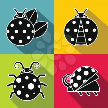 Black ladybug with white stroke on color background. Set of insects in monochrome style. Vector illustration