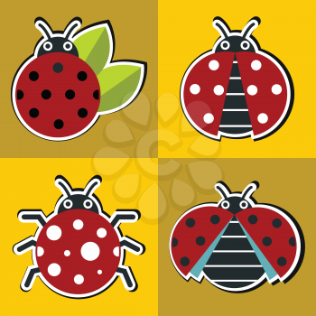 Ladybug icons with black shadow in flat style on yellow background. Vector illustration