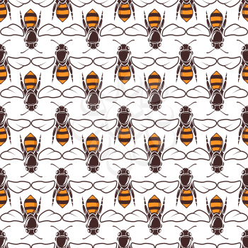 Bees vector seamless pattern over white color. Background organic and insect illustration