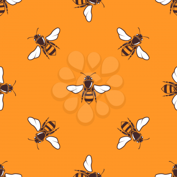 Flying bees vector seamless pattern in bright orange. Background summer template illustration
