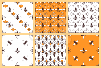 Honey and bees vector seamless patterns. Set of background with bee illustration