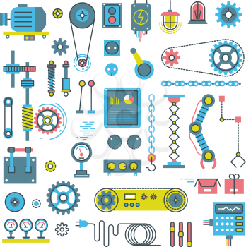 Vector parts of mechanism and robots flat icons. Illustration mechanical part and gear of parts for equipment machine