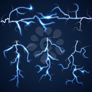 Lightning bolts over dark sky set. Storm and flash bright, summer light vector illustration