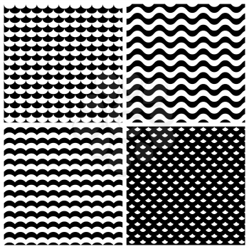 Waves patterns set in black and white. Background wave texture, vector illustration