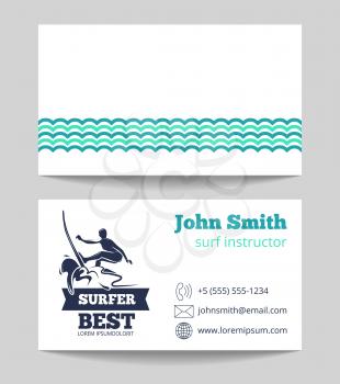 Surf instructor business card template with logo. Design of card for instructor. Vector illustration