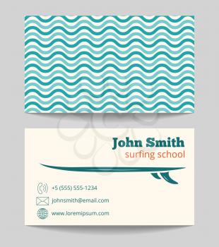 Surfing school business card template with ocean and sea waves, vector illustration