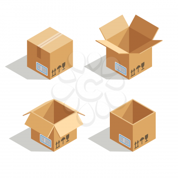 Cardboard open box. Empty container package for delivery and storage, vector illustration