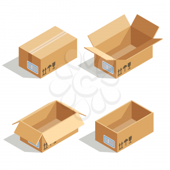 Cardboard boxes opened and closed. 3D isometric vector icons for warehouse and transportation, vector illustration