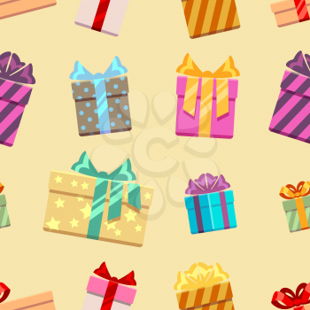 Gift boxes with ribbon bows seamless pattern. Holiday christmas wallpaper, vector illustration,