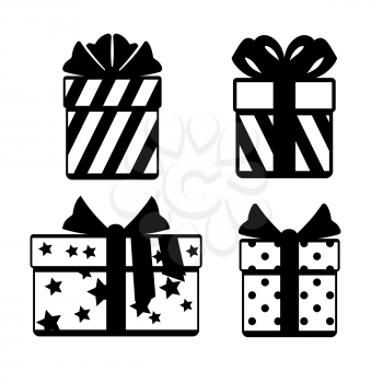 Gift boxes with ribbon bows icons set isolated over white. Object box for xmas, vector illustration
