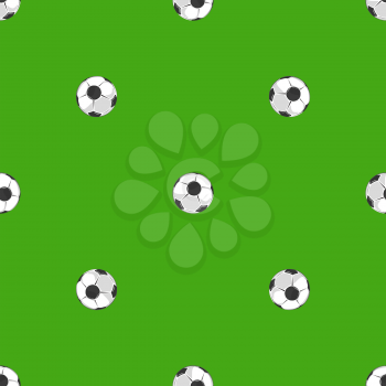 Soccer balls over green field seamless pattern. Backdrop soccer game for championship, vector illustration