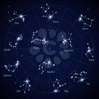 Vector sky star map with constellations stars. Set of constellation in space night illustration