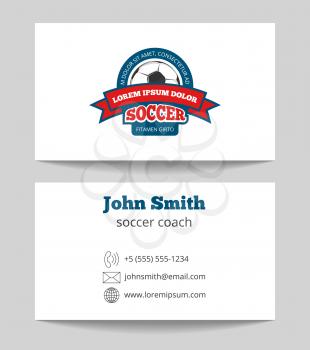 Soccer coach business card template with logo. Plastic football card. Vector illustration