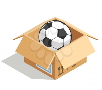 Soccer ball in a box isolated over white. Product for soccer store, vector illustration