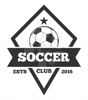 Vector soccer logo template, emblem in black isolated over white. Sport club label illustration