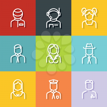 People avatars, characters staff, professions in line style on color background. Vector illustration