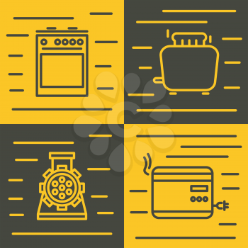 Household appliances icons in line style on yellow and brown background. Vector illustration