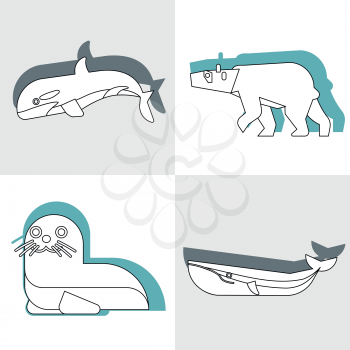Polar animals in line style with color shadow. Animals whale and seal. Vector illustration