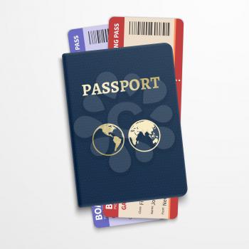 Passport with airline tickets. International tourism travelling concept. Personal document passport with ticket flight, illustration passport for travel