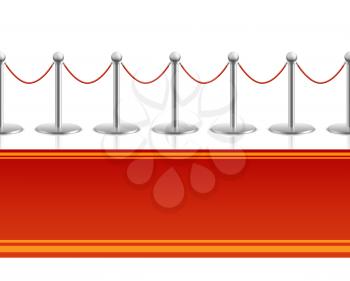 Red carpet with barrier rope seamless background. Carpet for entertainment and entrance, seamless carpet for premiere event. Vector illustration