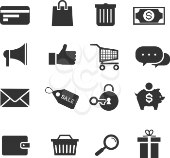 E-commerce shopping vector icons set. Money and sale tag, basket for purchase illustration