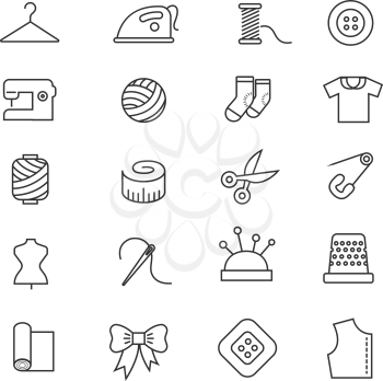 Thin lines fabric, sewing, tailor, knitting vector icons. Set of accessories for handmade hobby illustration