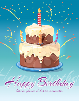 Happy birthday background with tasty cake and candles vector illustration. Card for invitation and congratulation