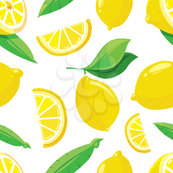 Lemon slices vector citrus seamless pattern. Yellow fruit with green leaves illustration