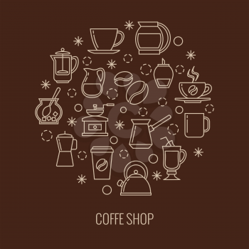 Coffee outline icons in circle design. Trendy thin line logo for cafe. Aromatic of mug cappuccino or latte, vector illustration